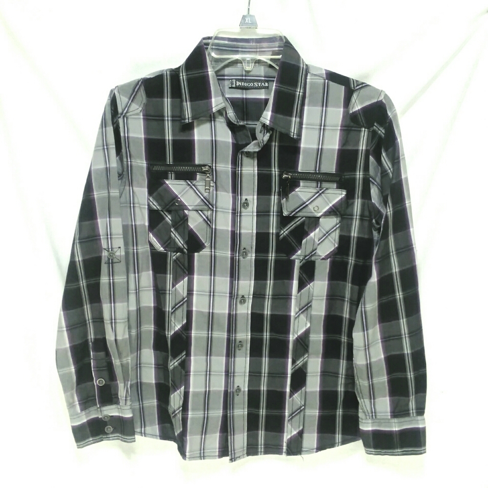Indigo Star LS Plaid Boys Sz L Shirt blk/gray